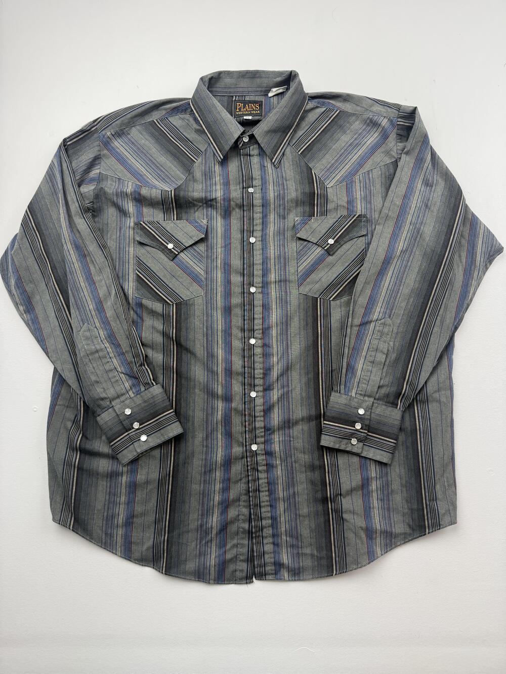 Plains Western Wear Shirt Mens XL Gray Stripe Long Sleeve Snap Western Casual